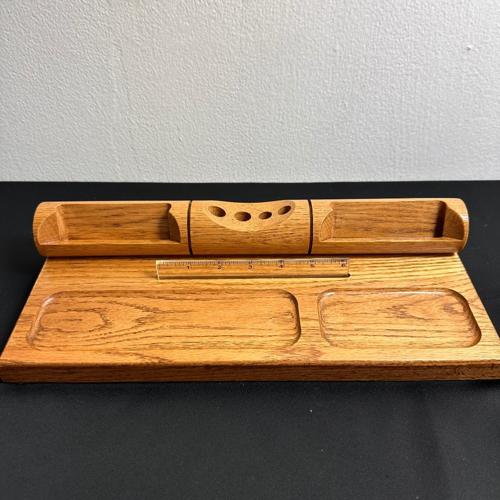Vintage Solid Oak Desk Organizer with Pen & Pencil Holder – Office Supply Caddy